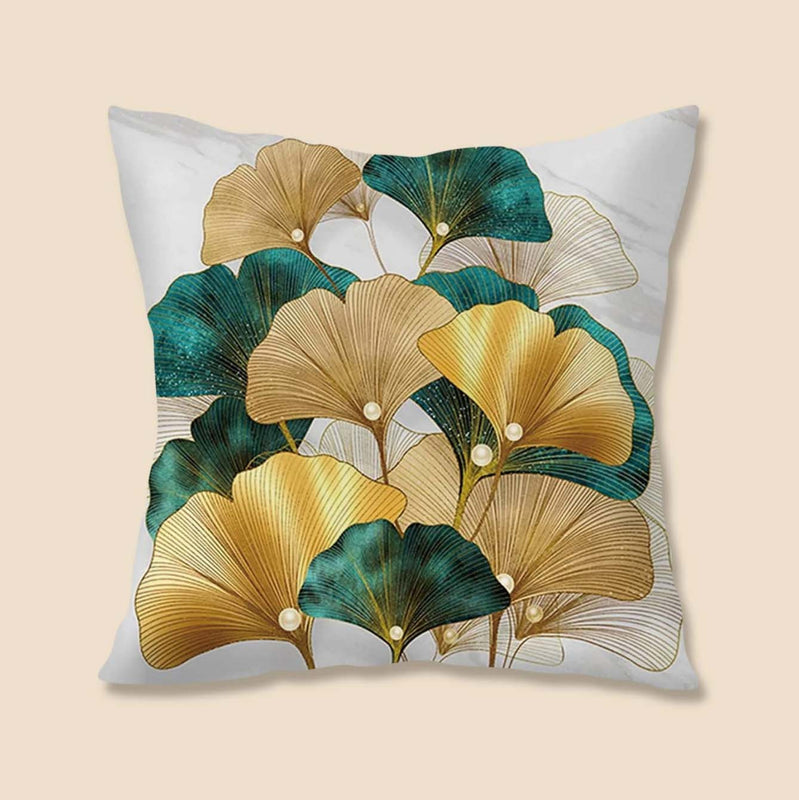 Green and Gold Leaf Printed Pillow Cover