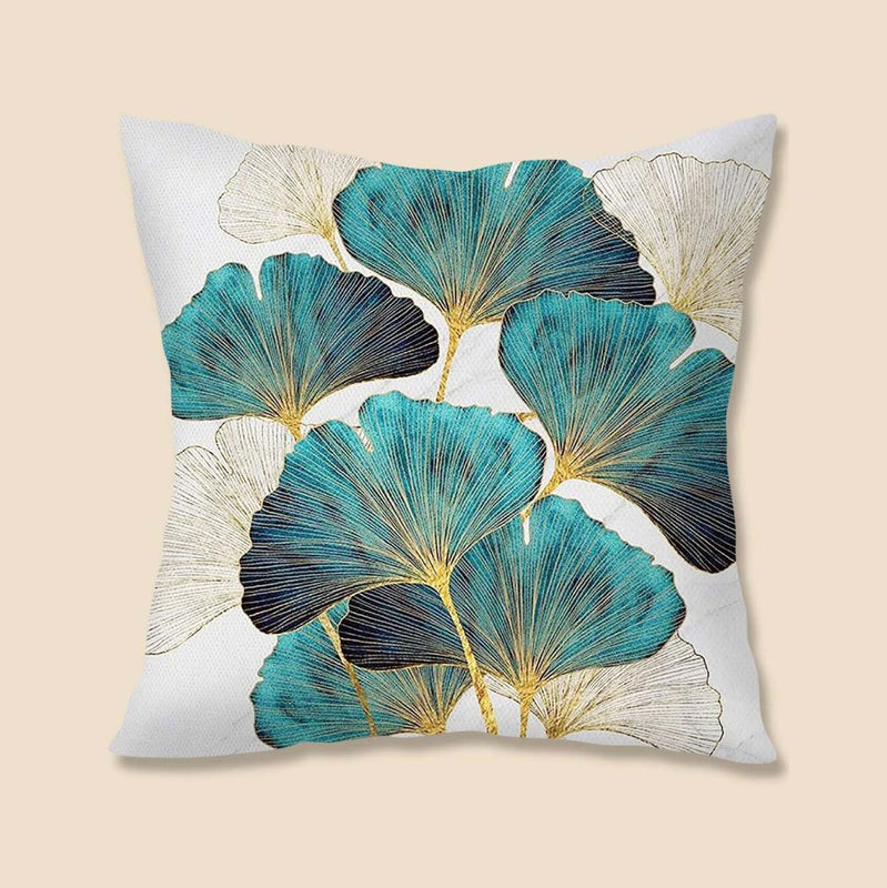 Peacock Green and Gold Leaf Printed Pillow Cover